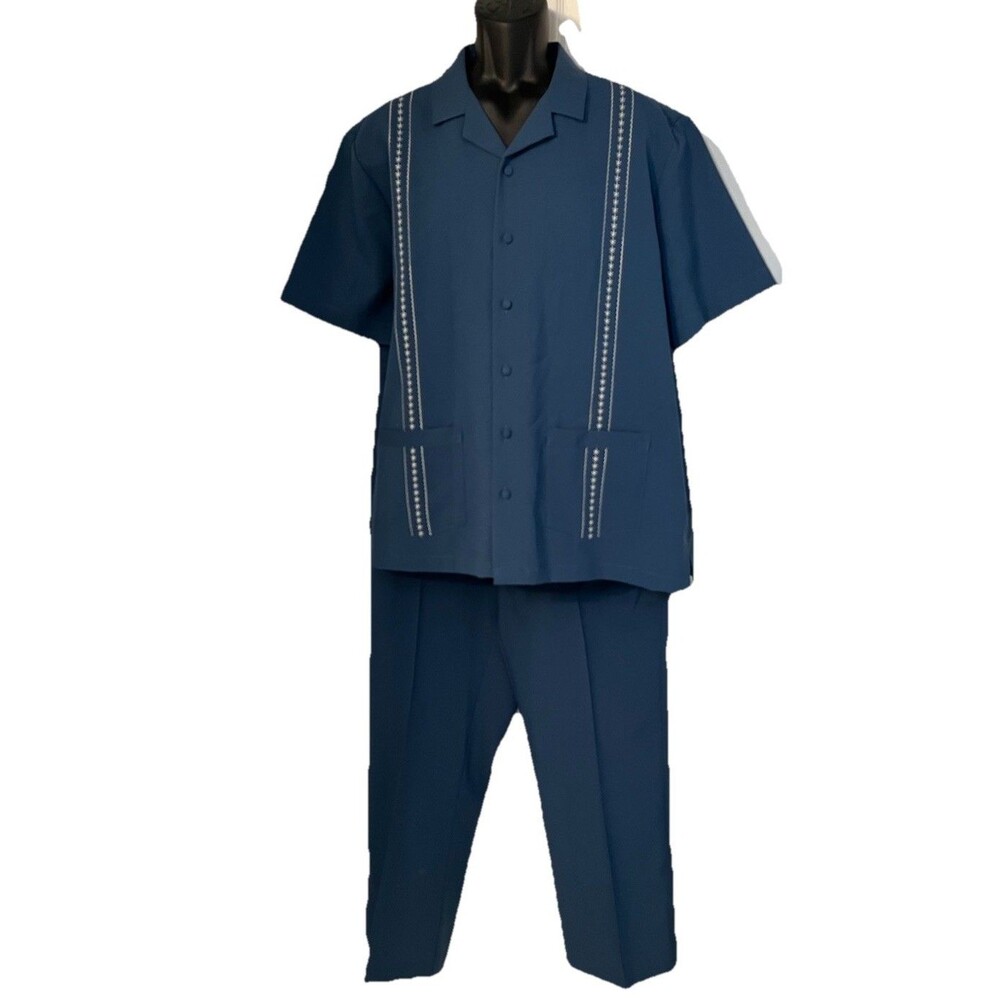 Vtg INSPIRED Haband Travelers Guayabera Walking Leisure Suit Blue Men's L/38M